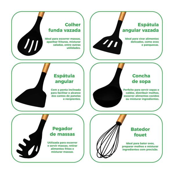 Imagem de Kit 12 Utensílios De Cozinha Em Silicone E Cabo De Madeira