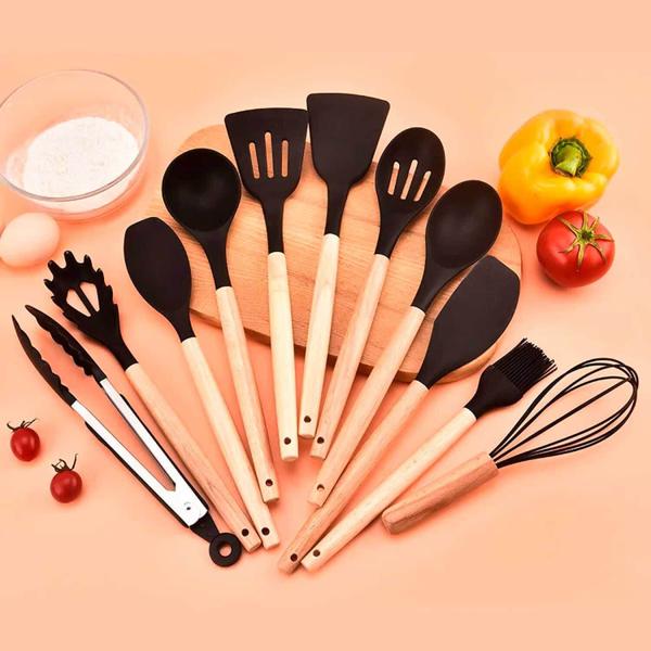 Imagem de Kit 12 Utensílios De Cozinha Em Silicone E Cabo De Madeira