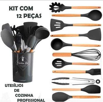 Imagem de Kit 12 Utensílios De Cozinha Em Silicone E Cabo De Madeira Preto