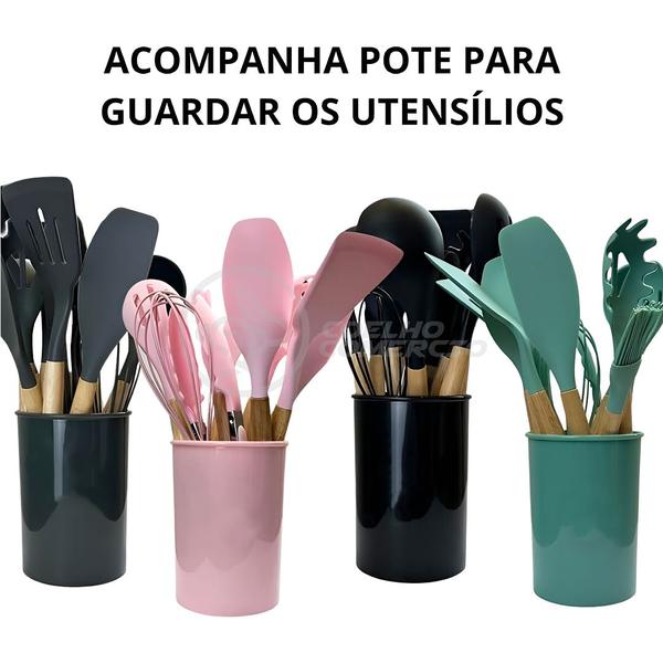 Imagem de Kit 12 Utensílios de Cozinha Peças de Silicone e Cabo de Madeira Madeira Resistentes - Preto