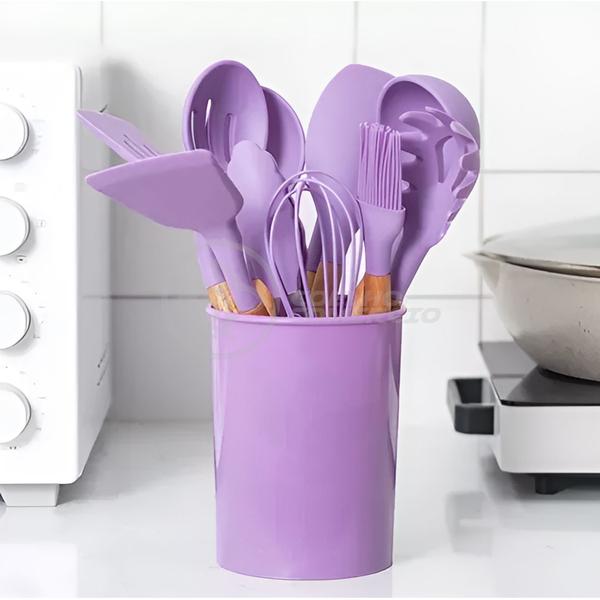 Imagem de Kit 12 Utensílios de Cozinha Peças de Silicone e Cabo de Madeira Madeira Resistentes - Roxo