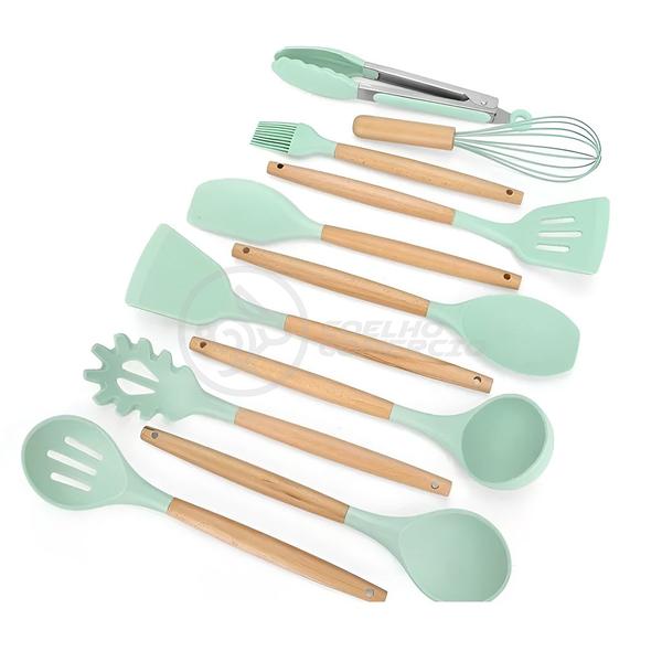 Imagem de Kit 12 Utensílios de Cozinha Peças de Silicone e Cabo de Madeira Madeira Resistentes - Verde