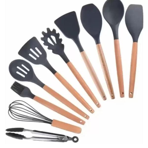 Imagem de Kit 12 Utensilios De Cozinha Preto Em Silicone Antiaderente