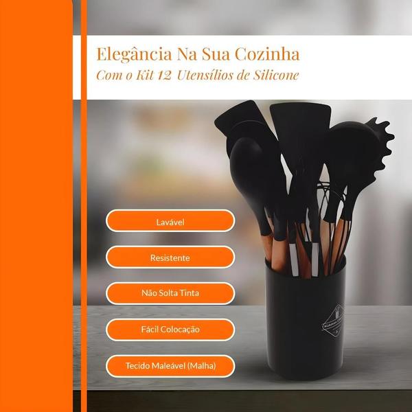 Imagem de Kit 12 Utensílios de Cozinha Silicone Cabo de Madeira