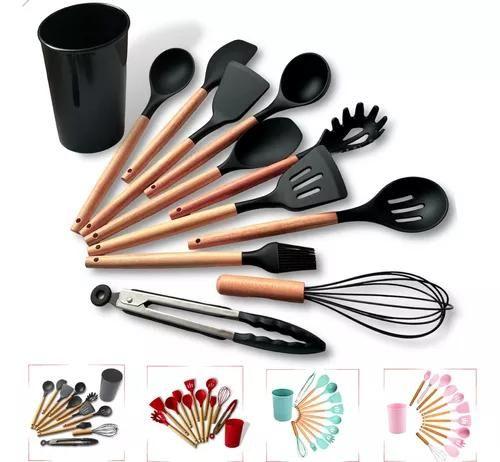 Imagem de Kit 12 Utensílios de Cozinha Silicone Cabo de Madeira Cor Preto