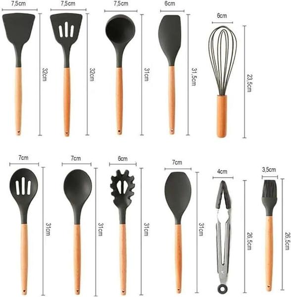 Imagem de Kit 12 Utensílios de Cozinha Silicone Cabo de Madeira Cores Sortidas