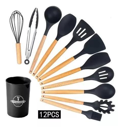 Imagem de Kit 12 utensílios de cozinha silicone cabo madeira escumadeira cor preto