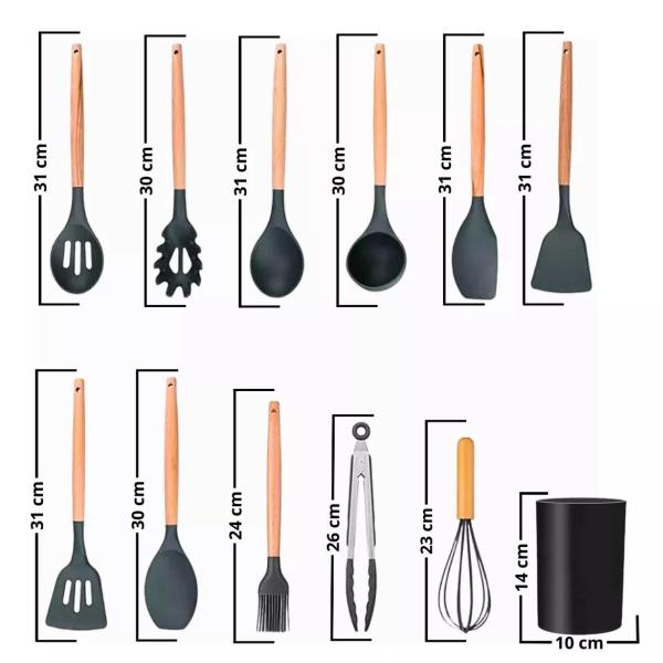 Imagem de Kit 12 Utensílios De Cozinha Silicone E Madeira Premium