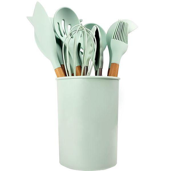 Imagem de Kit 12 Utensílios Jogo de Cozinha de Silicone com Espatulas Pincel Batedor Manual - Verde