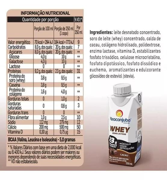 Imagem de Kit 12 Whey Protein Zero Lactose Piracanjuba 250ml - Cacau