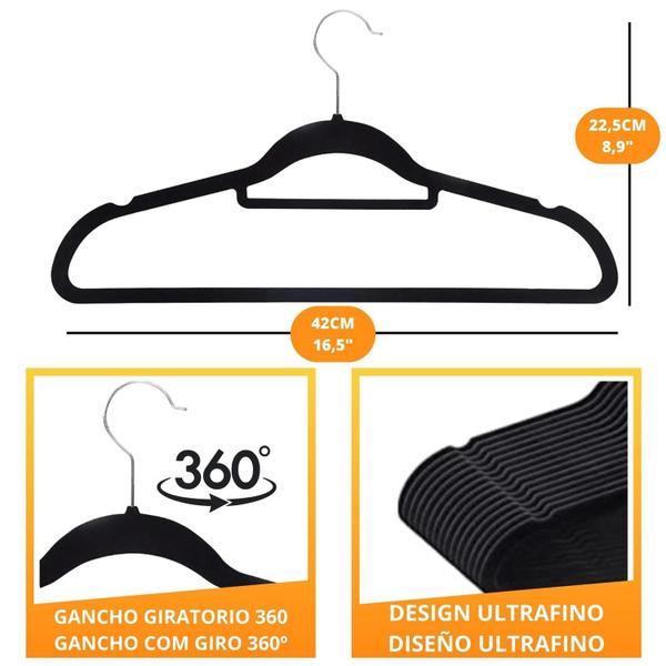 Imagem de Kit 120 cabide aveludado slim preto ultra fino anti deslizante