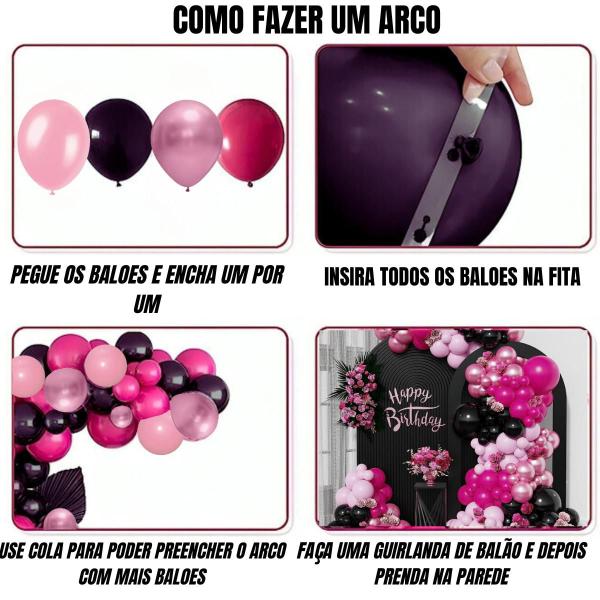 Imagem de Kit 125 Baloes Arco Desconstruido Festa Bexiga Pink Preto+Fita  8" 9" 6" Polegadas Balão Bexiga Para Decoração De Festa