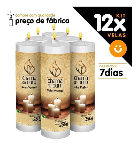 Kit 12x Vela De 7 Dias Atacado 250g Velas Na Cor Branca - Chama de Ouro Imagem de Kit 12x Vela De 7 Dias Atacado 250g Velas Na Cor Branca