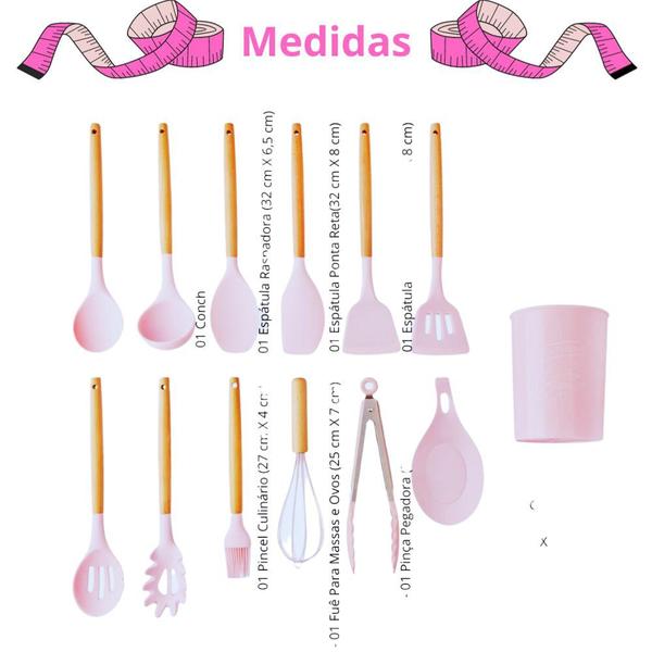 Imagem de Kit 13 Utensílios de Cozinha Talheres Silicone Cabo Madeira