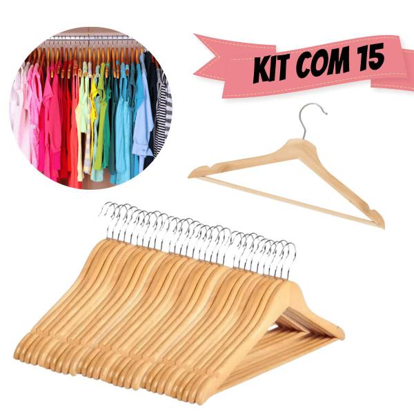 Imagem de Kit 15 Cabides Luxo Em Madeira Natural Resistente Com Verniz Para Closet Roupa Adulto