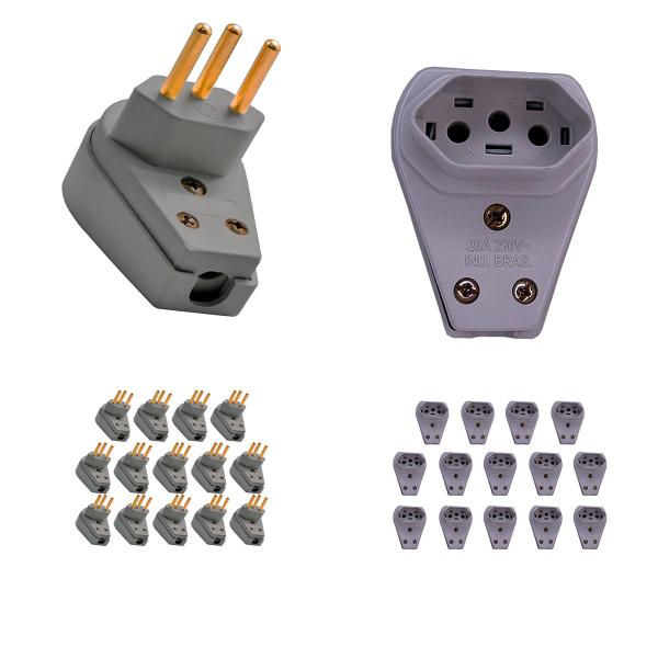 Imagem de Kit 15 Plug Pino Macho 20a 2P+T 90º com 15 Tomada Fêmea 20a 2P+T Para Cabo Gigante