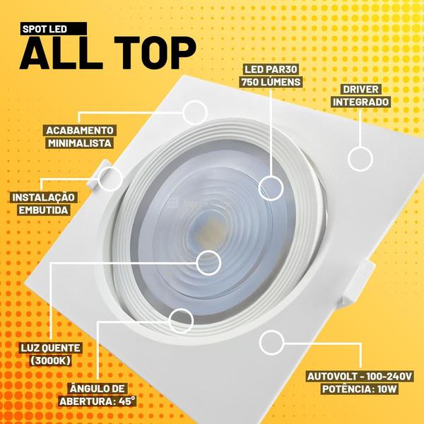 Kit 15 Spots LED Taschibra AllTop Quadrado Embutir PAR30 10W 45 Imagem de Kit 15 Spots LED Taschibra AllTop Quadrado Embutir PAR30 10W 45