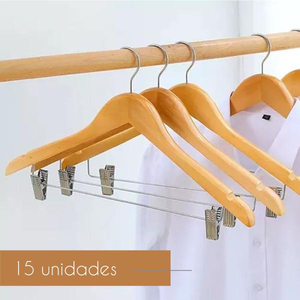 Imagem de Kit 15 Unidades Cabide de Madeira 44cm Premium com Presilha Marfim