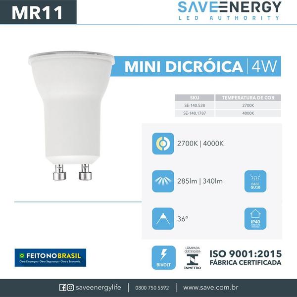 Imagem de Kit 16 Lâmpada Led Mini Dicroica MR11 4w Save Energy 2700k Branco Quente