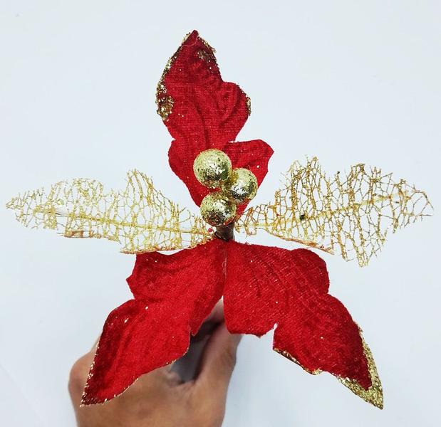 Imagem de Kit 18 Flor Artificial Decoração Brilho Gliter Vermelho 15cm