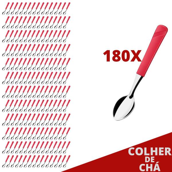 Imagem de Kit 180 Colheres de Chá Aço Inox e Plástico Vermelho Luna