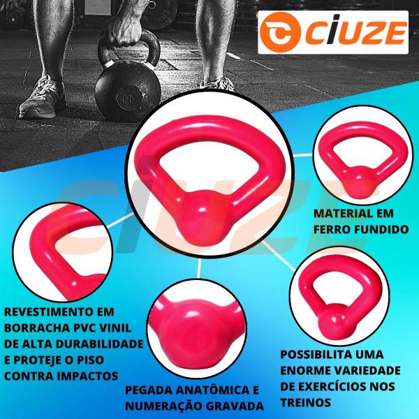 Imagem de Kit 18Kg Anilhas Emborrachadas Rosa com Barra 1,30m + Kettlebell + Colchonete + Caneleiras