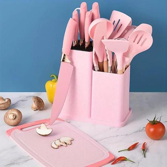 Imagem de Kit 19 Peças Jogo de Utensílios de Cozinha em Silicone Completo Antiaderente e Resistente ao calor Rosa