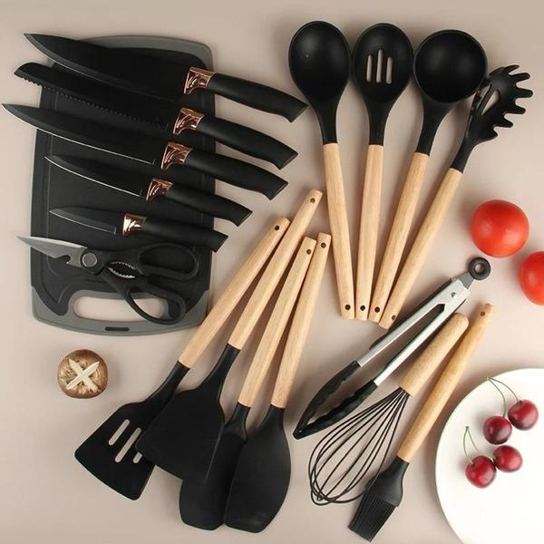 Imagem de Kit 19 Peças Jogo de Utensílios de Cozinha em Silicone Completo Resistente ao Calor PRETO