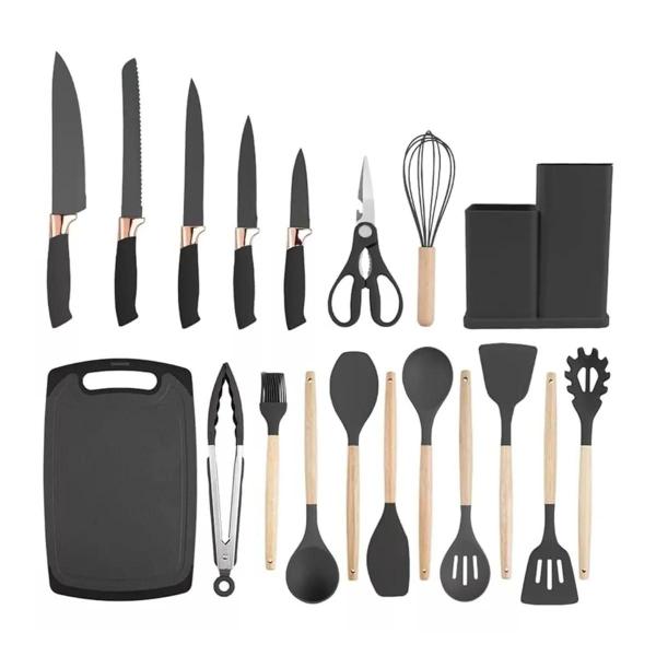 Imagem de Kit 19 Utensílios De Cozinha Silicone Cabo De Madeira Faca Tábua