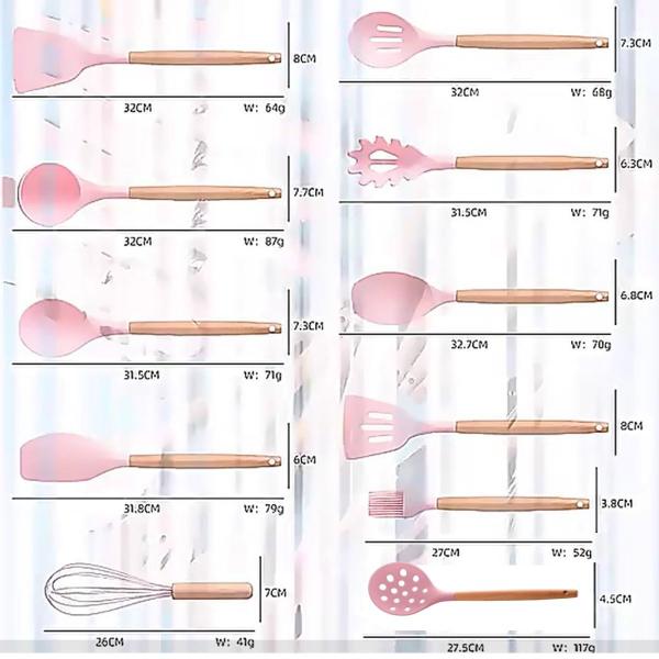 Imagem de Kit 19 Utensílios De Cozinha Silicone Cabo Madeira Premium