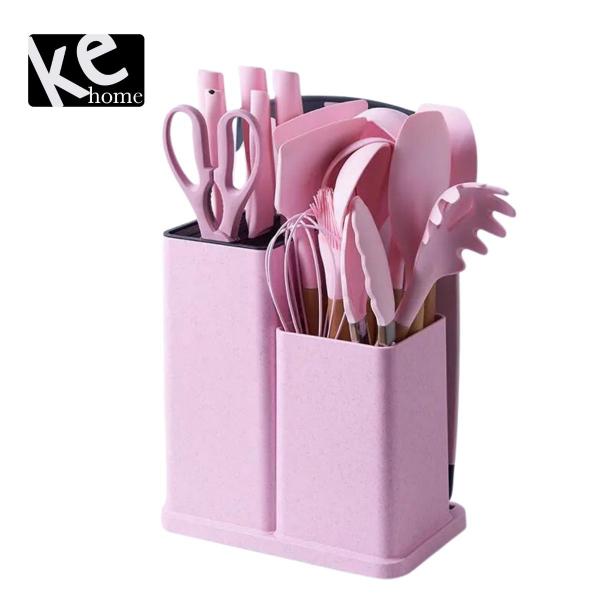 Imagem de Kit 19 Utensílios De Cozinha Silicone Cabo Madeira Premium