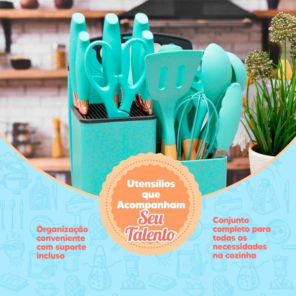 Imagem de Kit 19 Utensílios de Cozinha Silicone Tábua Faca Pegador Batedor Espátula 099