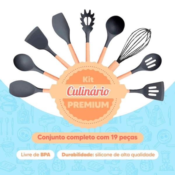 Imagem de Kit 19 Utensílios de Cozinha Silicone Tábua Faca Pegador Batedor Espátula 099