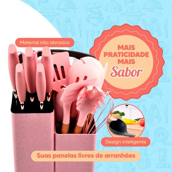 Imagem de Kit 19 Utensílios de Cozinha Silicone Tábua Faca Pegador Batedor Espátula 099