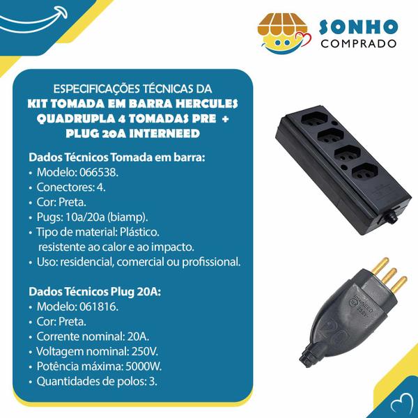 Imagem de Kit 1x Tomada em Barra Hercules Quadrupla 4 Tomadas PRE 066538 + Plug 061816 20A InterNEED