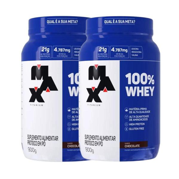 Imagem de Kit 2 100% Whey Max Titanium Pote 900g Chocolate Suplemento