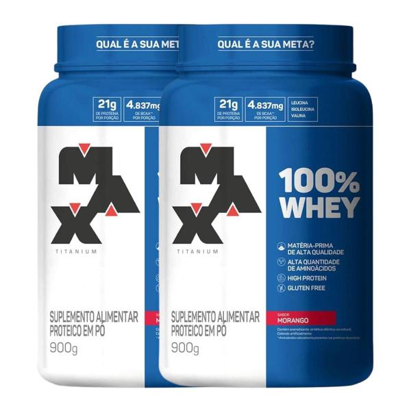 Imagem de Kit 2 100% Whey Max Titanium Pote 900g Morango Suplemento