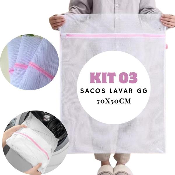 Imagem de Kit 2, 3, 4 Sacos Grandes Lava Fácil para Máquina de Lavar Roupas Tamanho Gigante GG 70x50cm