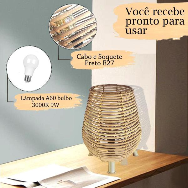 Imagem de Kit 2 Abajur Rattan Fibra Natural Mesa Lanterna Nat68 + Led