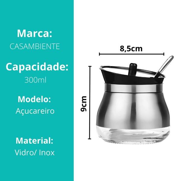 Imagem de Kit 2 Açucareiro Com Colher Revestido Aço Inox E Vidro 300ml