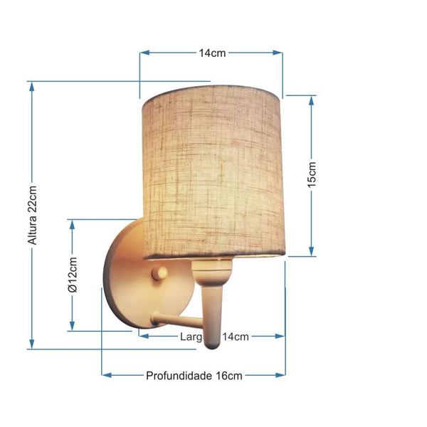 Imagem de Kit/2 Arandela Cilíndrica Md-2009 Base Branco Cúpula em Tecido 14x15cm Rustico Bege - Bivolt