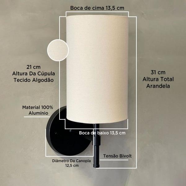 Imagem de Kit 2 Arandela Em Aluminio Com Cupula Tecido Algodao Soquete E27 Tensao Bivolt