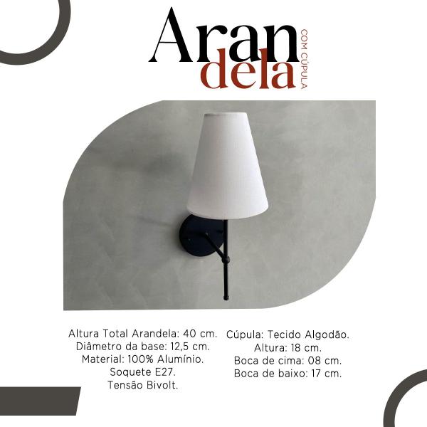 Imagem de Kit 2 Arandela Luminária de Parede Clássica Cone Preto Com Cúpula Algodão Branco