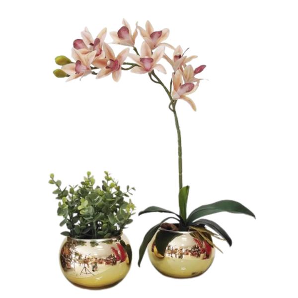 Imagem de Kit 2 Arranjo Vaso Ouro Flores Verde e Orquídeas De Mesa