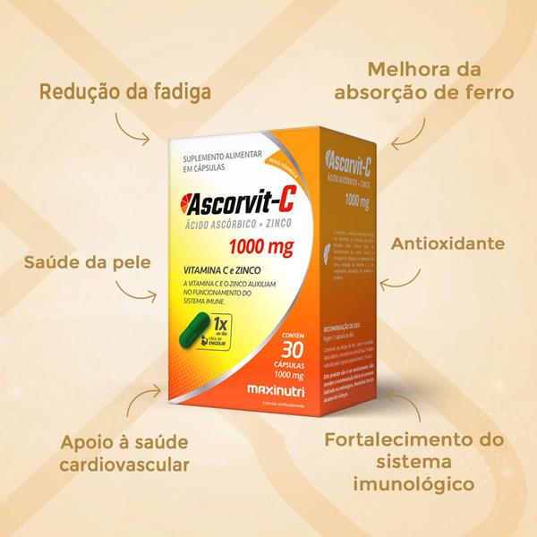 Kit 2 AscorVit C 1000mg Vitamina C e Zinco 30 Caps Maxinutri Imagem de Kit 2 AscorVit C 1000mg Vitamina C e Zinco 30 Caps Maxinutri