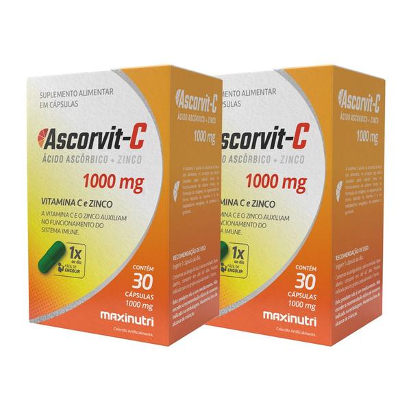 Kit 2 AscorVit C 1000mg Vitamina C e Zinco 30 Caps Maxinutri Imagem de Kit 2 AscorVit C 1000mg Vitamina C e Zinco 30 Caps Maxinutri