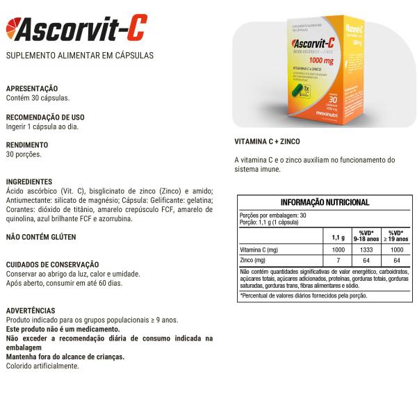Kit 2 AscorVit C 1000mg Vitamina C e Zinco 30 Caps Maxinutri Imagem de Kit 2 AscorVit C 1000mg Vitamina C e Zinco 30 Caps Maxinutri