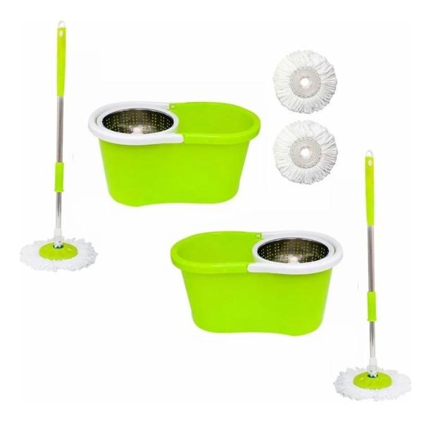 Imagem de Kit 2 Balde Mop Spin 360 Centrifuga com Cesto em Inox e 2 Esfregão extra Verde