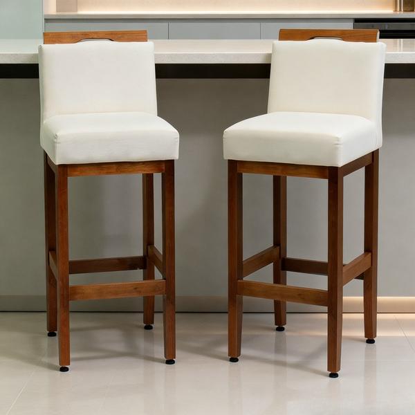 Kit 2 Banqueta Alta Para Cozinha De Madeira Maciça Estofada Com Encosto em Linho Para Bancada Americana E Área Gourmet Safira - MS DECOR