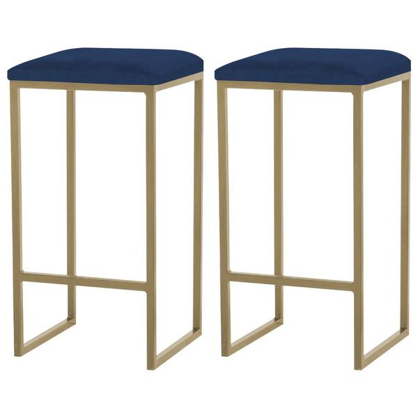 Imagem de Kit 2 Banqueta Decorativa Billie Base Gold Veludo Azul G41 - Gran Belo